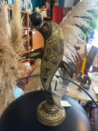 Vintage, brass Mcm sculpture of dolphin with ball.