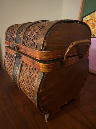 Vintage, wicker, wood and tin treasure chest medium