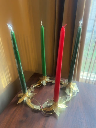 Vintage, brass oval 4 candle holder Holly &Berries