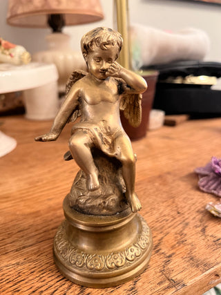 Vtg Brass Angel on Pedestal Rubbing Eyes