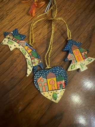 Vintage, hand made, painted wooden ornaments ( set of 3 )