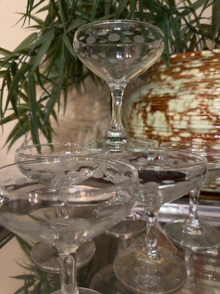 Vintage,etched champagne coupes. Sold as set of 6