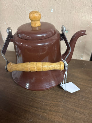 Vintage Enamel Metal Bell Shaped Tea Pot with Wooden Handles Brown #398
