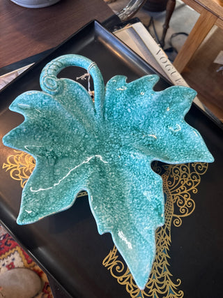 Vintage, Mcm green glazed pottery leaf  dish