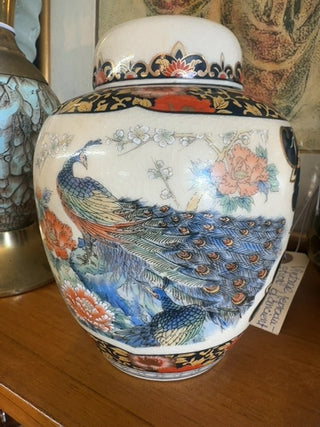 Vint, Japanese jar with lid , peacocks
