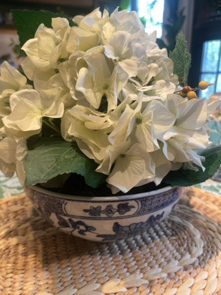 Blue & white porcelain bowl with faux Hydrangeas