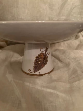 Mid Century Italian Gold & White Ceramic Leaf Large Compote Pedestal Bowl 11.5” w x 6.25” h