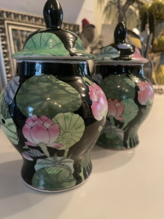 Chinese black temple jar with lily