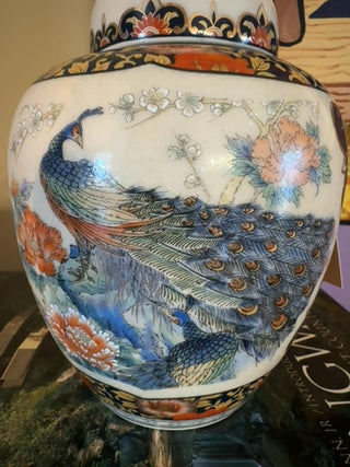Vintage, Japanese peacock hand painted jar with lid