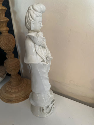 Blanc de Chine Guan Yin Goddess of Mercy Figurine 12 1/2", White Porcelain Goddess Statue, Asian Divinity Statue AS IS