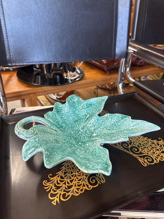 Vintage, Mcm green glazed pottery leaf  dish