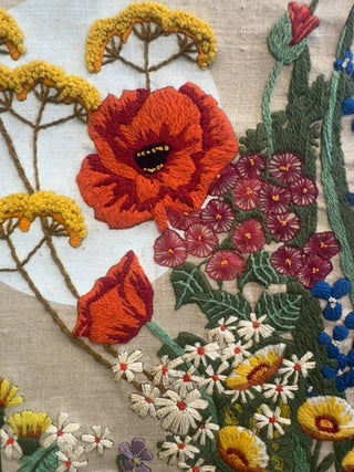 Vintage, Poppies and wildflowers crewel embroidered art.