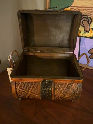 Vintage, wicker, wood and tin treasure chest medium
