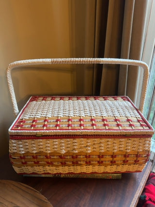 Vintage, wicker sewing basket with handle