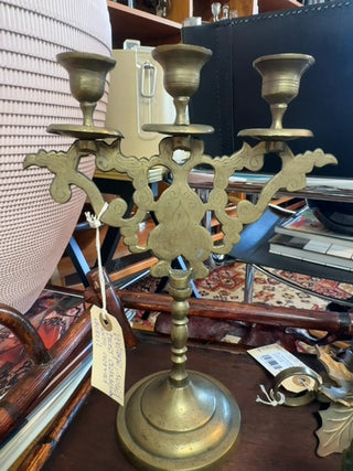 Vintage, solid brass candelabra with carved detail design