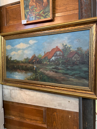 Framed rectangle antique oil painting farm