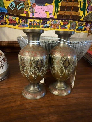 Vintage, solid brass hand painted & etched bud vase
