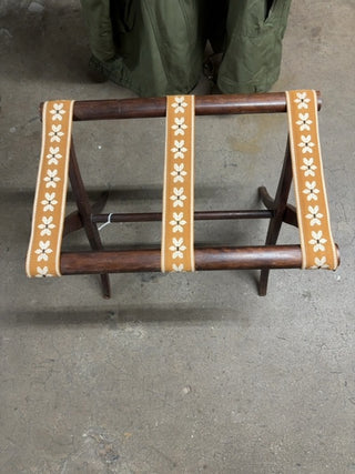 Vintage Scheibe wooden folding luggage suitcase rack with unique tapestry fabric straps
