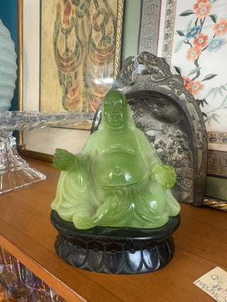 Vintage, Green Resin Buddha Sitting On A Stand Figurine