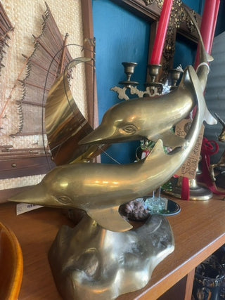 Vintage, Mcm solid brass swimming pair of dolphins statue