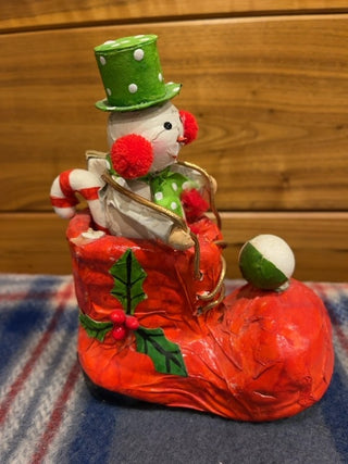 As Is paper mache boot w/snowman