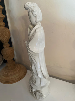 Blanc de Chine Guan Yin Goddess of Mercy Figurine 12 1/2", White Porcelain Goddess Statue, Asian Divinity Statue AS IS