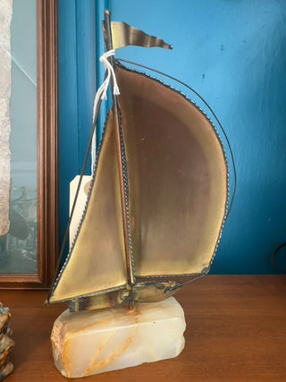 Vintage Demott sailboat brass and copper sculpture set on stone
