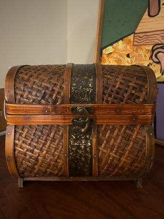 Vintage, wicker, wood and tin treasure chest medium