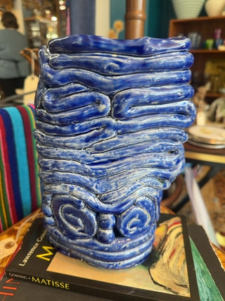 Vintage,Mcm pottery vase glazed in cobalt blue.