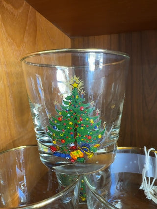 CHRISTMAS,low ball tree glasses with gold rim.