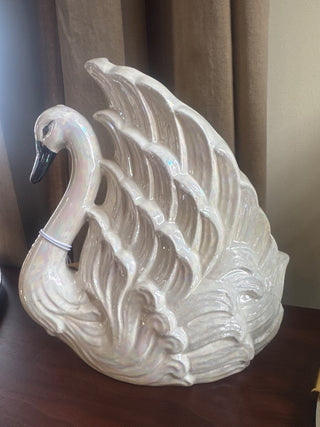 Vintage, 1974 pearl iridescent ceramic swan vase