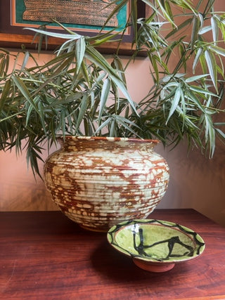 Vintage, Japanese inspired,green glazed pottery bowl