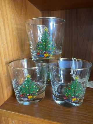 CHRISTMAS,low ball tree glasses with gold rim.