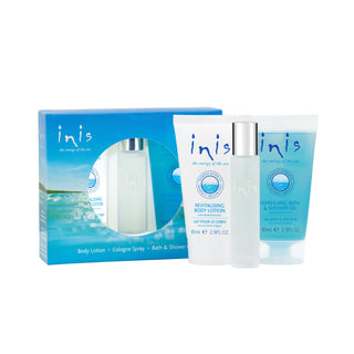 Inis Trio Gift Set featuring Energy of the Sea travel cologne, seaweed enriched body lotion, and shower gel – JSQ Mercantile – a women’s boutique and gift shop in La Grange, IL.