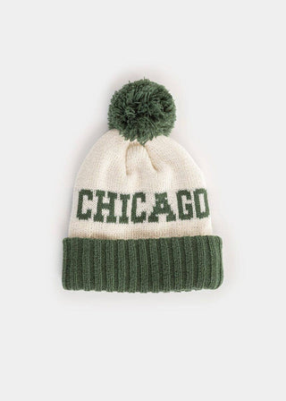 Toddler two-tone pom knit beanie with embroidered Chicago script cuff, soft rib knit winter hat for kids, JSQ Mercantile – a women’s boutique and gift shop in La Grange, IL.