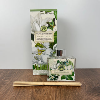 Magnolia Petals Reed Diffuser with glass bottle, reeds, and floral packaging | JSQ Mercantile – a women’s boutique and gift shop in La Grange, IL