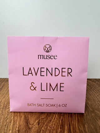 Musee Lavender & Lime Mini Bath Salt Soak – Single Use Spa-Inspired Bath Gift with Sea Salt & Essential Oils – Available at JSQ Mercantile, La Grange, IL