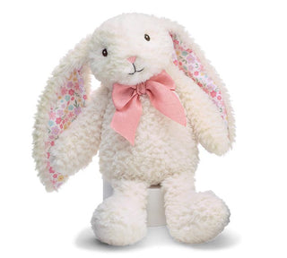 Plush cream bunny with embroidered face, ditsy floral ear lining, and mauve ribbon bow, JSQ Mercantile – a women’s boutique and gift shop in La Grange, IL