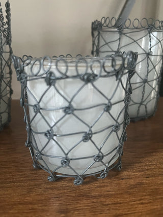Set of 4 Wire and Glass Votive Holders