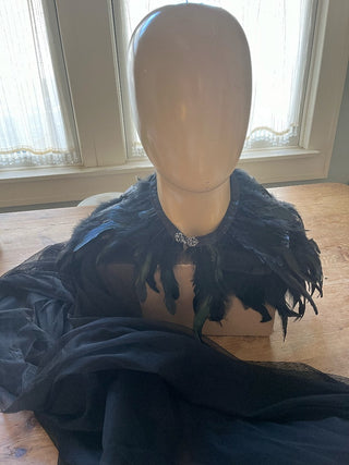 Black Feather and Mesh Long Witches Cape