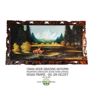 1960s Deer Grazing Autumn Mountain landscape Scene Hand Carved Wood Frame - Oil On Velvet - Chuy Moran workshop, Bob Ross style (AS-IS)