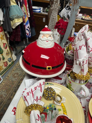 Winking Santa Cake/Platter + Dome Top Ceramic Stand (2-Pc) - New