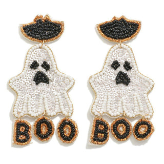 Seed Beaded Halloween Ghost 'Boo' Drop Earrings
