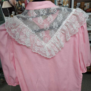 Vintage Jeri Bee Smocked Neck Button Down Shirt pink & lace