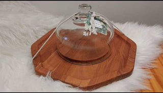 MCM dolphin genuine teakwood octagon serving platter with cloche - FIRM