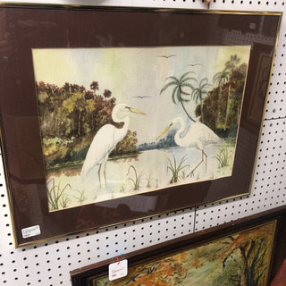 B - Vintage Watercolor of Egrets in brass frame - 431