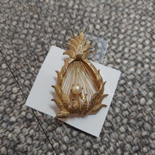 Gold Tone Pineapple and Faux Pearl Brooch by BROOKS