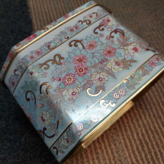 Meister Tea Tin Floral Gold Color Scroll Hinged Top Lid, liner, Pastel Flowers