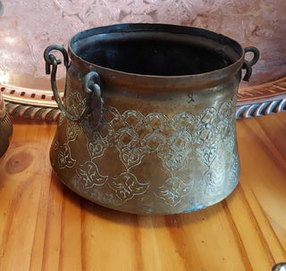 Antique ornate copper and brass cauldron with handles