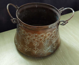 Antique ornate copper and brass cauldron with handles